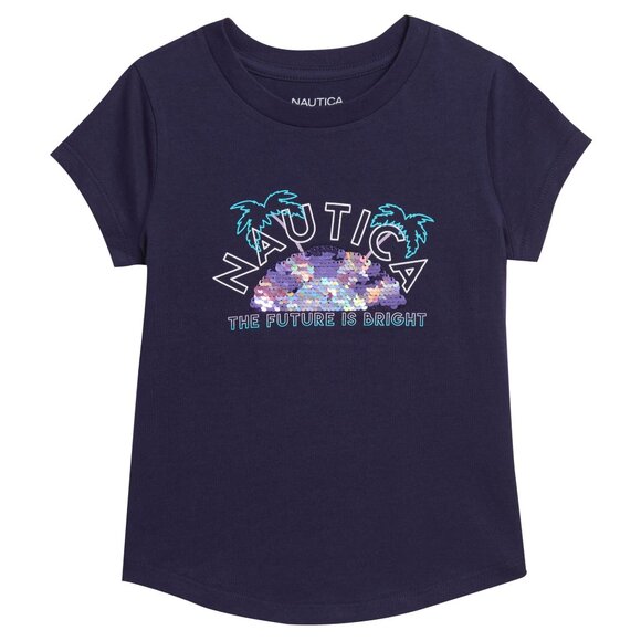 NAUTICA The Future is Bright 2T Navy Blue Girls T-Shirt Tee Colorful Sequins NEW - Picture 1 of 6